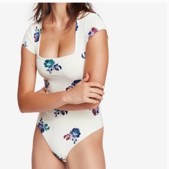 Free People fp Intimately Printed Square Eyes Ivory Floral Print Bodysuit - Picture 2 of 7